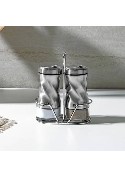 Burgulu Stantlı Paslanmaz Çelik Baharatlık Seti - Gri