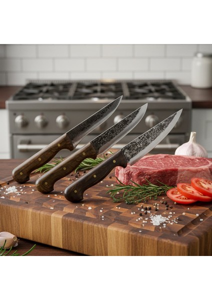 PH265 El Yapımı 3lü Bıçak Seti Yerli Üretim Dövme Çelik Premium Set Kurban Bıçak Seti