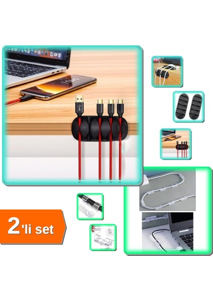 3 Adet Kablo Kanalı 5 Kanallı Tutucu + 20 Adet Kablo Sabitleyici Klipsler - 2li Set 6S0YF8