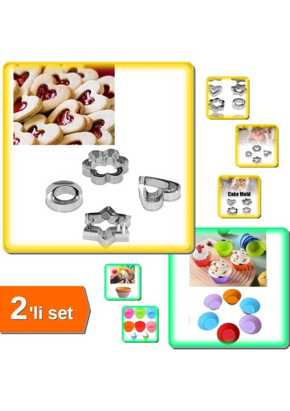 Renkli 6 Adet Yıkanabilir Mini Tırtıklı Muffin + 12 Adet Kek - Bisküvi - Fondan Kalıbı - 2li Set D8K