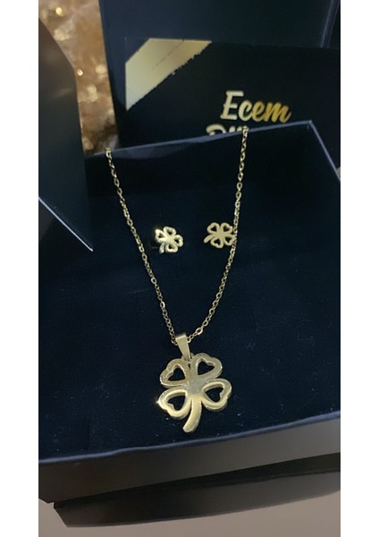 Çelik Altın Kaplama Yonca Kolye Küpe Set