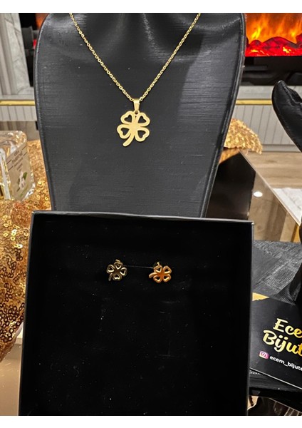 Çelik Altın Kaplama Yonca Kolye Küpe Set modelleri