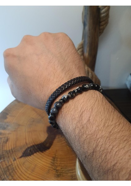 JTAW25BLK1617 Hakiki Deri Mıknatıs Kapama Faset Kesim Damarlı Akik ve Hematit Doğaltaş Siyah Garantili Hediye Kutulu Janti Bileklik fiyatları