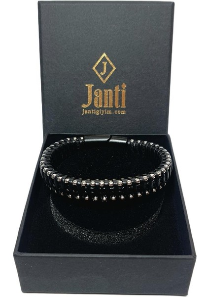 JTAW25BLK1621 Hakiki Deri Mıknatıs Kapama Paslanmaz Alaşımlı Metal Garantili Hediye Kutulu Janti Bileklik