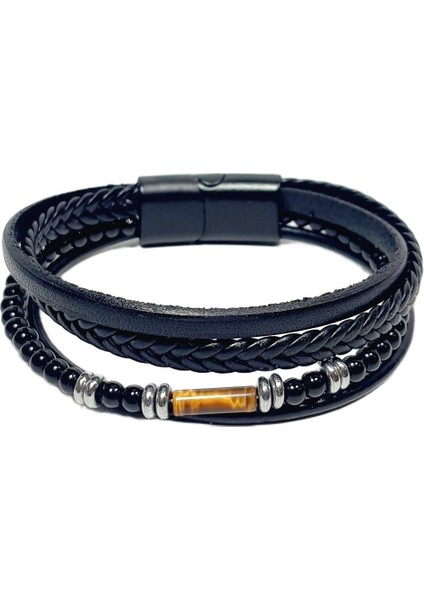JTAW25BLK1635 Hakiki Deri Mıknatıs Kapama Kaplangözü ve Hematit Doğaltaş Siyah Garantili Hediye Kutulu Janti Bileklik