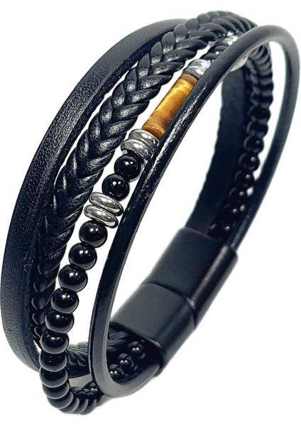 JTAW25BLK1635 Hakiki Deri Mıknatıs Kapama Kaplangözü ve Hematit Doğaltaş Siyah Garantili Hediye Kutulu Janti Bileklik fiyatları