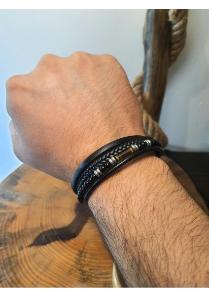 JTAW25BLK1635 Hakiki Deri Mıknatıs Kapama Kaplangözü ve Hematit Doğaltaş Siyah Garantili Hediye Kutulu Janti Bileklik fırsatları