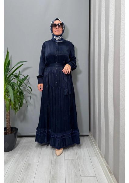 Jakarlı Cupro Elbise Lacivert 38809