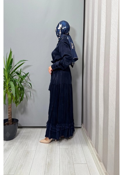 Jakarlı Cupro Elbise Lacivert 38809 fiyatları