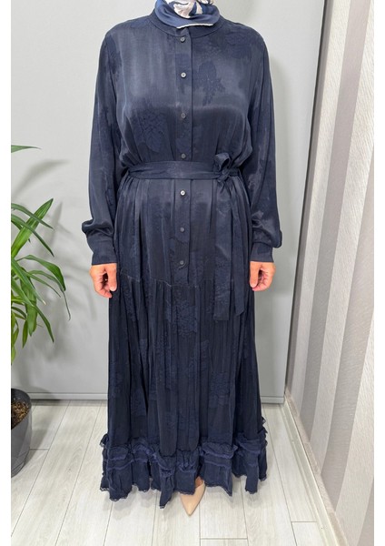 Jakarlı Cupro Elbise Lacivert 38809 fırsatları