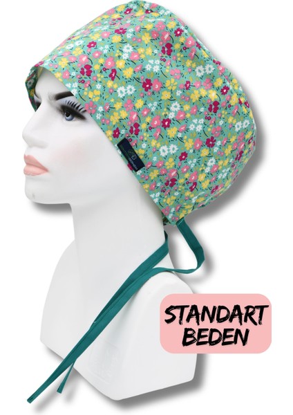 Standart Beden Yeşil Minik Çiçekler Cerrahi Bone Doktor Hemşire Sağlıkçı Hastane Bonesi