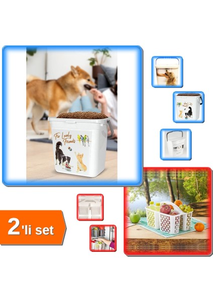 Kapaklı Mama Saklama Kabı 6lt + Beyaz Buzdolabı Düzenleyici Sepet - Pratik ve Kullanışlı - 2li Set