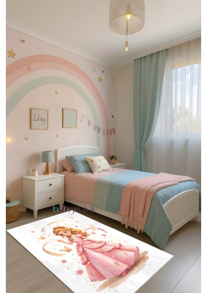 Pembe Prenses Kelebekli Bambu Çocuk Odası Halısı