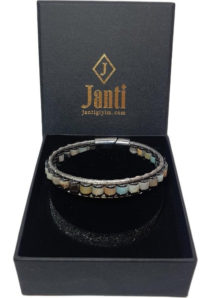 JTAW25BLK1613 Paslanmaz Çelik Akik ve Hematit Doğaltaş Mıknatıs Kapama Su Yeşili Garantili Hediye Kutulu Janti Bileklik