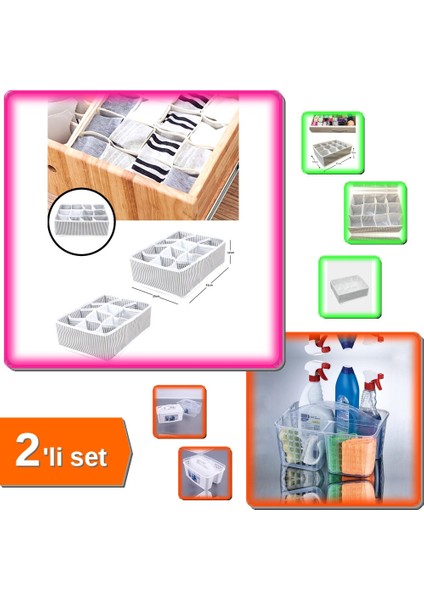 Pratik 12 Bölmeli Çekmece Düzenleyici + Beyaz Buzdolabı Düzenleyici Sepet Caddy - 6lı Set 8E569J