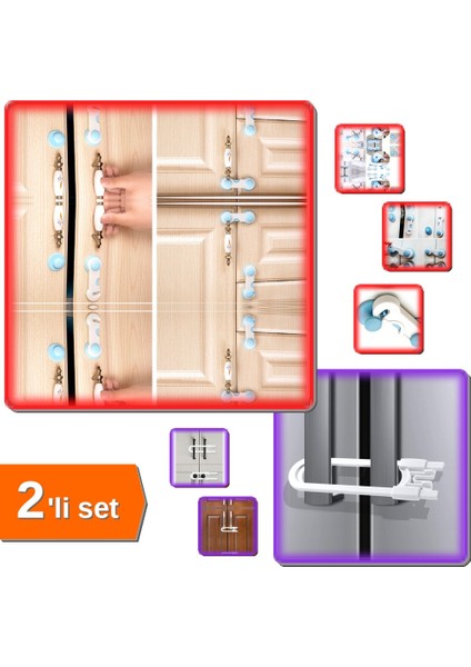 Geçmeli 2 Adet Dolap Kilidi + Slide Dolap Çekmece Kilidi - Çocuk Koruma Kilidi - 2li Set U20AU7