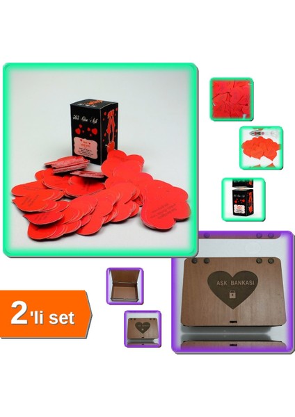 Aşk Bankası Ahşap Hediye Kutusu + 100 Adet Seni Seviyorum Mesaj Notları - 2'li Set XYZ789