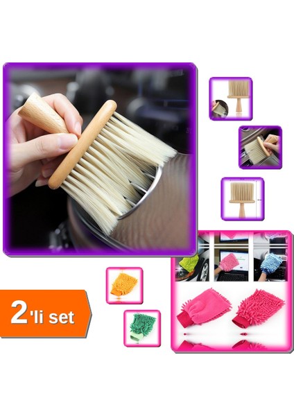 Mikrofiber Temizlik Eldiveni + Ahşap Saplı Temizlik Fırçası - Pratik Temizlik 2li Set 7SM80P