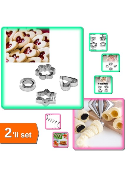 Hamur Işleri Kalıbı 12 Adet + 6 Adet Paslanmaz Kornet Kurabiye Şekil Verici - 2li Set PL9X7M