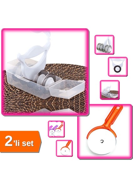 5 Bıçaklı Mantı Merdanesi + Düz Hamur Ruleti Pizza Kesici - Pratik Mutfak Araçları 2li Set MN73BK