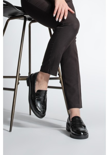 Kadın Loafer Günlük Klasik Ayakkabı Casual Makosen Fonle Siyah Croco