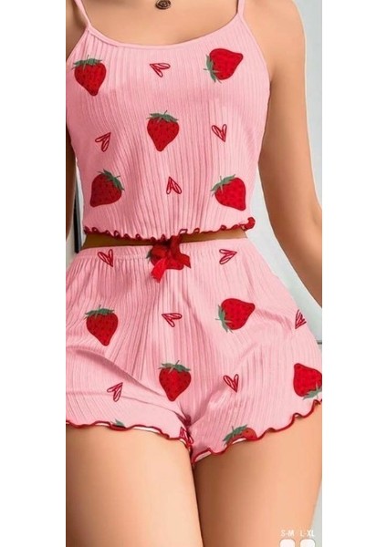 Kadın Çilek Desenli Fitilli Pamuklu Mini 2 Li Şort Takım