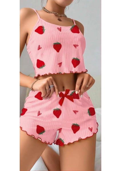 Kadın Çilek Desenli Fitilli Pamuklu Mini 2 Li Şort Takım fiyatları