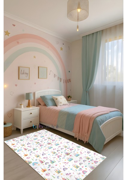 Hayal Şatosu Gökkuşağı Unicorn Bambu Çocuk Odası Halısı