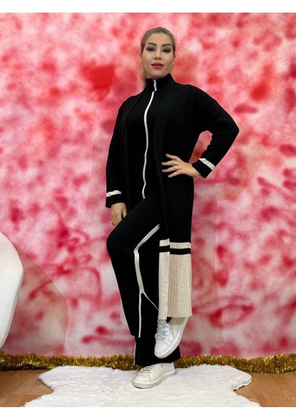 Üçlü Takım Kadın Triko (Yelek + Pantolon + Uzun Hırka) Uzun Kol Şık Rahat Standart Beden