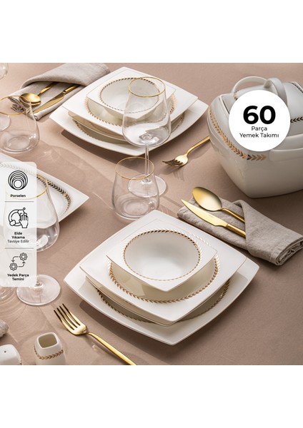 Fine Bone Başak 60 Parça 12 Kişilik Kare Yemek Takımı Gold fiyatları