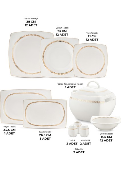 Fine Bone Başak 60 Parça 12 Kişilik Kare Yemek Takımı Gold