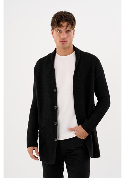 Erkek Regular Fit Çıtçıtlı Cepli Örme Uzun Triko Hırka