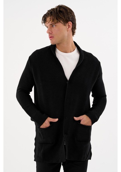 Erkek Regular Fit Çıtçıtlı Cepli Örme Uzun Triko Hırka