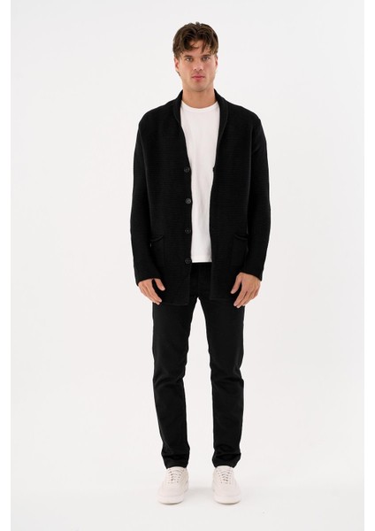 Erkek Regular Fit Çıtçıtlı Cepli Örme Uzun Triko Hırka