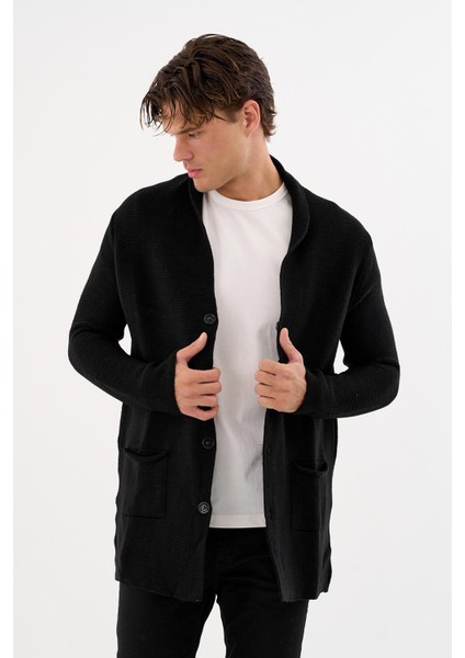 Erkek Regular Fit Çıtçıtlı Cepli Örme Uzun Triko Hırka