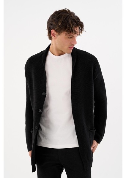 Erkek Regular Fit Çıtçıtlı Cepli Örme Uzun Triko Hırka