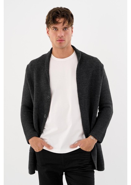 Erkek Regular Fit Çıtçıtlı Cepli Örme Uzun Triko Hırka