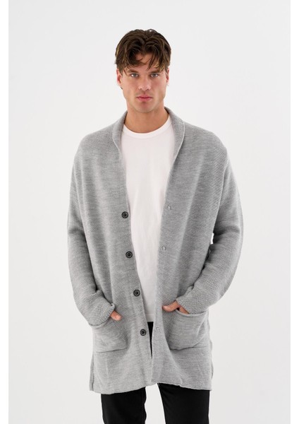 Erkek Regular Fit Çıtçıtlı Cepli Örme Uzun Triko Hırka