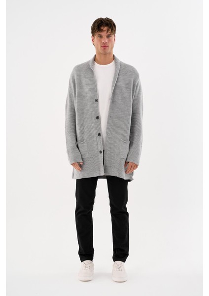 Erkek Regular Fit Çıtçıtlı Cepli Örme Uzun Triko Hırka