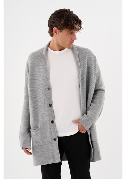 Erkek Regular Fit Çıtçıtlı Cepli Örme Uzun Triko Hırka