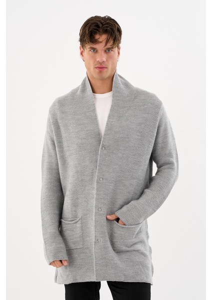 Erkek Regular Fit Çıtçıtlı Cepli Örme Uzun Triko Hırka