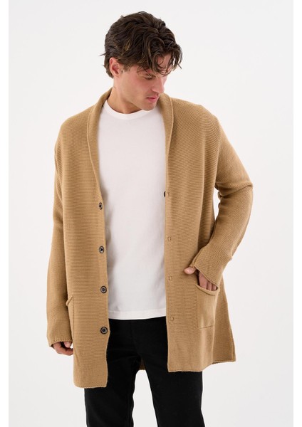 Erkek Regular Fit Çıtçıtlı Cepli Örme Uzun Triko Hırka