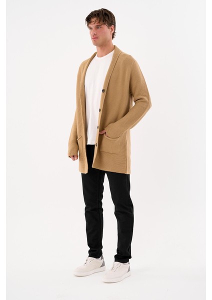 Erkek Regular Fit Çıtçıtlı Cepli Örme Uzun Triko Hırka