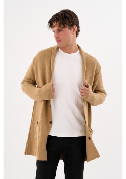 Erkek Regular Fit Çıtçıtlı Cepli Örme Uzun Triko Hırka