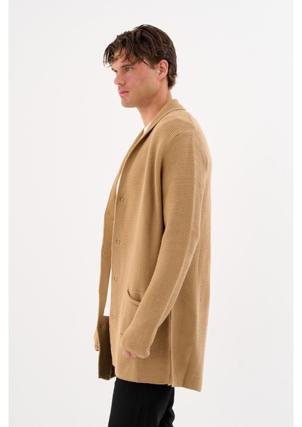 Erkek Regular Fit Çıtçıtlı Cepli Örme Uzun Triko Hırka