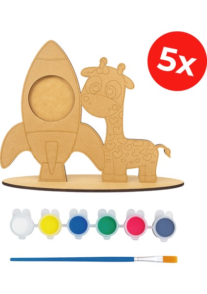 Roket ve Zürafa Ahşap Çerçeve Boyama Seti - Etkinlik Seti - Ahşap Boyama Kit - 5'li