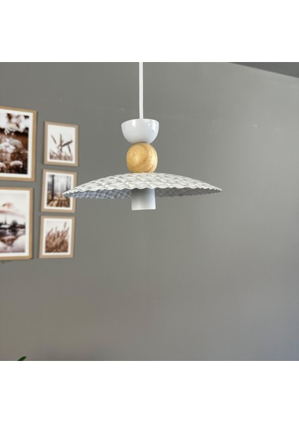 Avola Beyaz Metal Avize Tekli Ahşap Şapka Başlık Mutfak Modern Dekoratif Sarkıt Aydınlatma