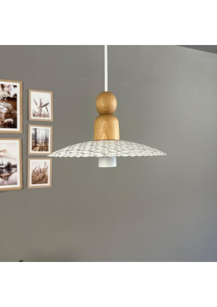 Avola Beyaz Metal Avize Tekli Kalın Ahşap Boncuk Başlık Mutfak Modern Dekoratif Sarkıt Aydınlatma