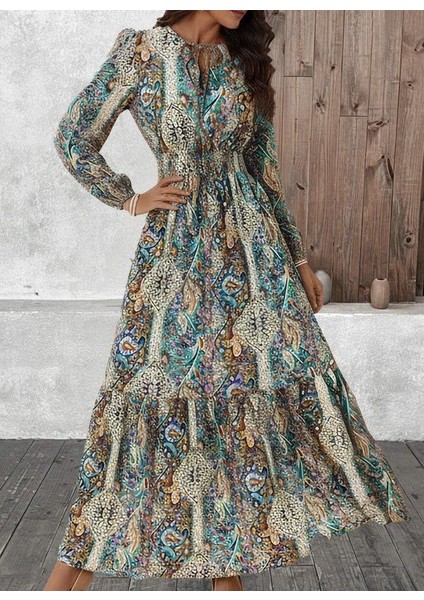 Kadın Uzun Kollu Uakadabağcıklı Beli Lastikli Desenli Uzun Süprem Elbise modelleri