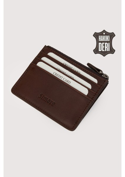Fermuarlı Hakiki Deri Kartlıklı Cüzdan Kahverengi SMR9047
